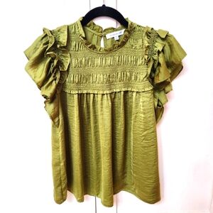 Rose +Olive Sleeveless Ruffled Silky Blouse - Lime Green - Size M - EUC